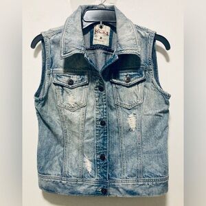 Mudd Blue Denim Vest M Womens Moto Distressed Cotton Pockets Country Retro Biker